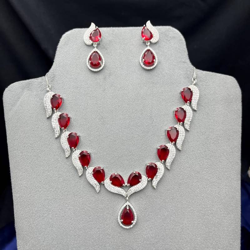 red teardrop crystal necklace earrings set, bridal statement jewellery, silver rhinestone wedding prom