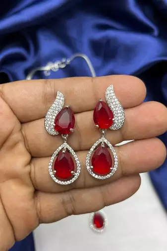 red teardrop crystal necklace earrings set, bridal statement jewellery, silver rhinestone wedding prom