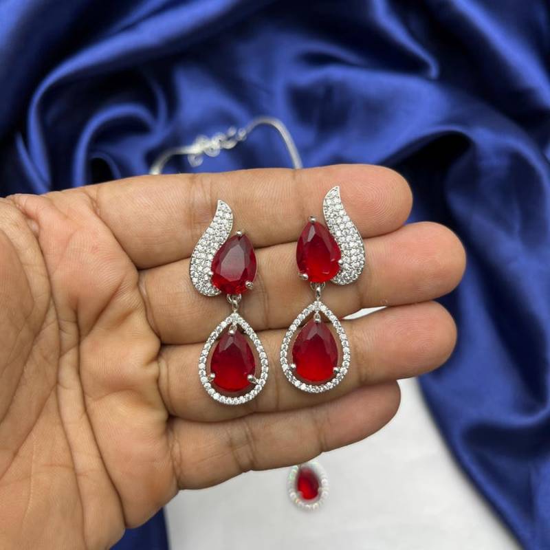 red teardrop crystal necklace earrings set, bridal statement jewellery, silver rhinestone wedding prom