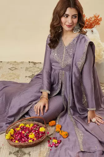 Purple vichitra silk heavy thread embroidery work kurta pant set