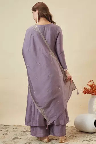 Purple vichitra silk heavy thread embroidery work kurta pant set