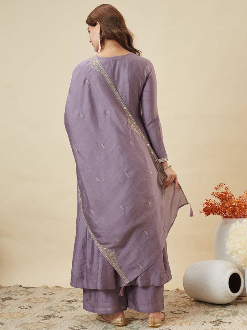 Purple vichitra silk heavy thread embroidery work kurta pant set