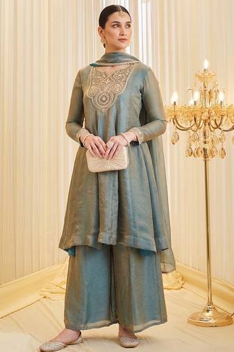 Sea green fandy silk heavy thread embroidery work kurta palazzo set