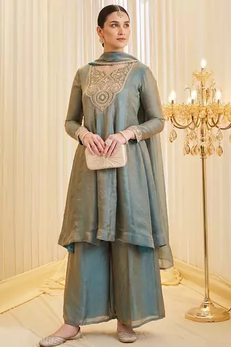 Sea green fandy silk heavy thread embroidery work kurta palazzo set