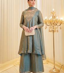 Sea green fandy silk heavy thread embroidery work kurta palazzo set