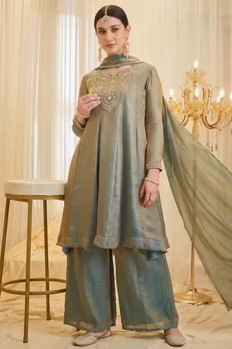 Sea green fandy silk heavy thread embroidery work kurta palazzo set