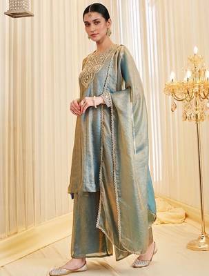 Sea green fandy silk heavy thread embroidery work kurta palazzo set 3
