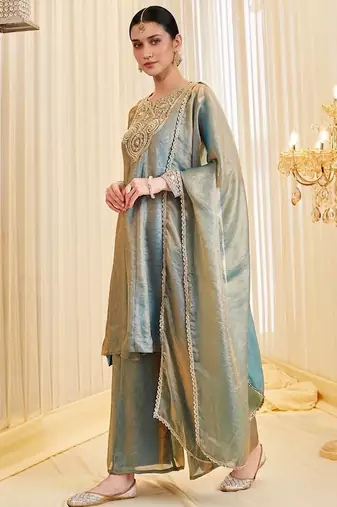Sea green fandy silk heavy thread embroidery work kurta palazzo set