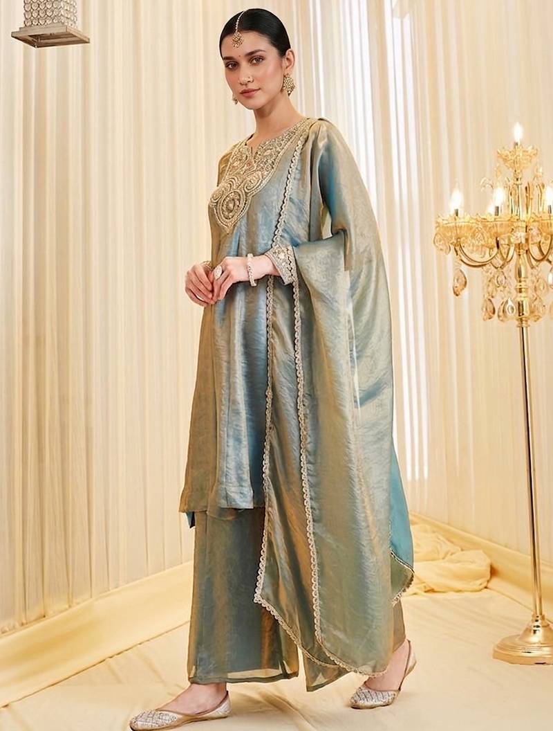 Sea green fandy silk heavy thread embroidery work kurta palazzo set