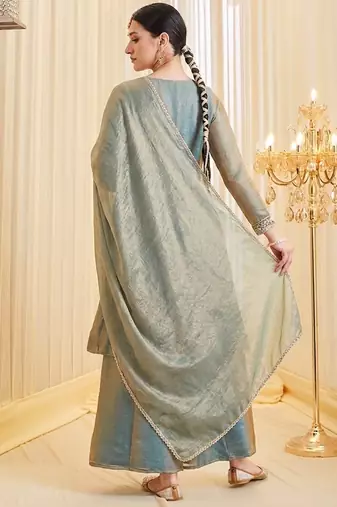 Sea green fandy silk heavy thread embroidery work kurta palazzo set