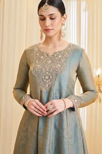 Sea green fandy silk heavy thread embroidery work kurta palazzo set