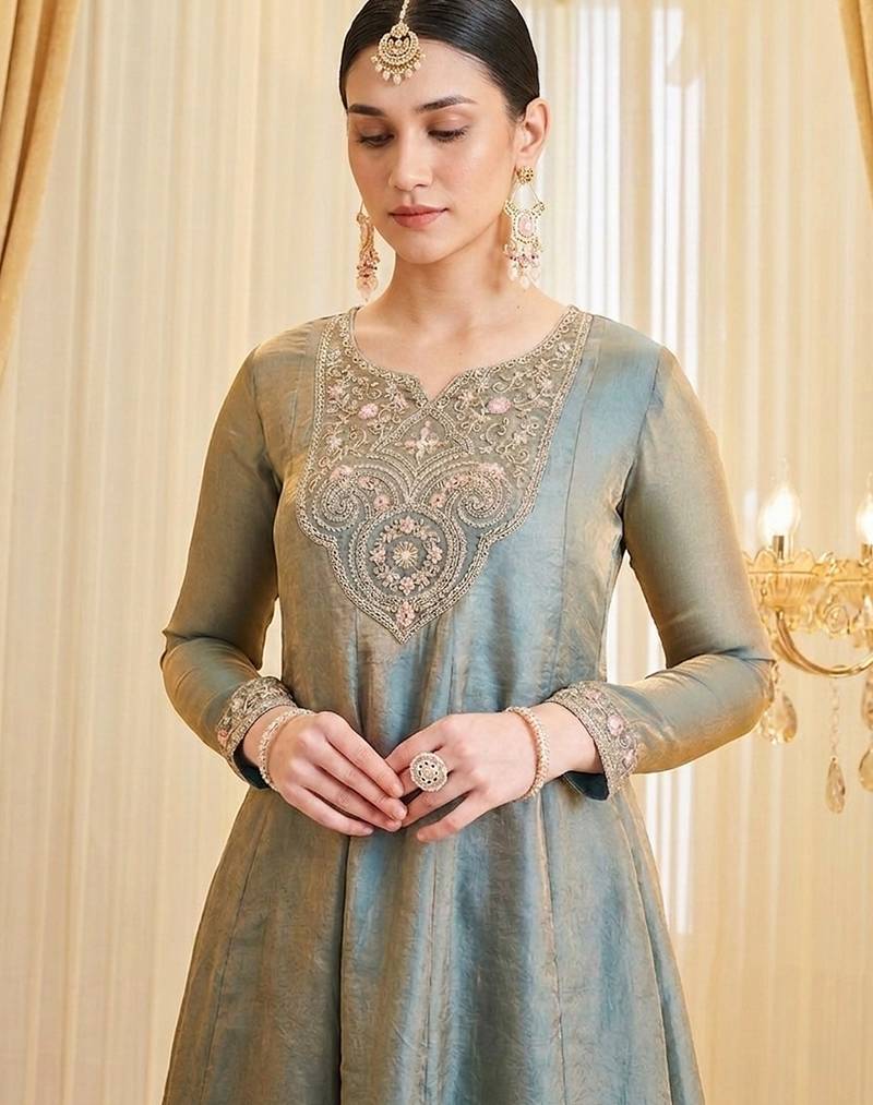 Sea green fandy silk heavy thread embroidery work kurta palazzo set
