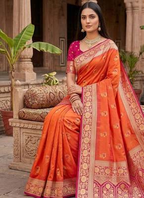 Orange soft banarasi silk saree with zari weaving meenakari design 4