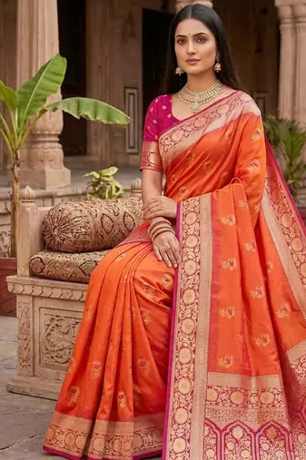 Orange soft banarasi silk saree with zari weaving meenakari design