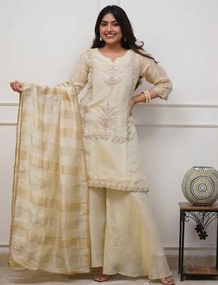 Cream chinon heavy thread embroidery with woven dupatta kurta palazzo set 1