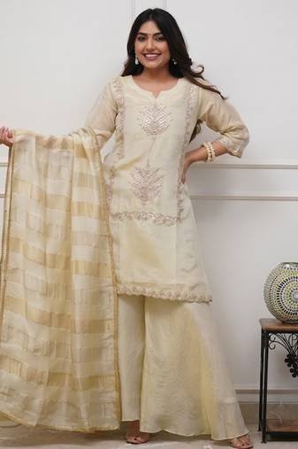 Cream chinon heavy thread embroidery with woven dupatta kurta palazzo set