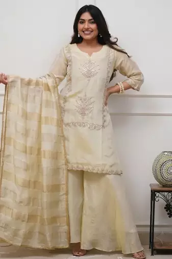 Cream chinon heavy thread embroidery with woven dupatta kurta palazzo set