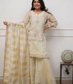 Cream chinon heavy thread embroidery with woven dupatta kurta palazzo set