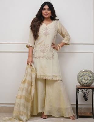 Cream chinon heavy thread embroidery with woven dupatta kurta palazzo set 2