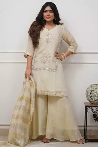 Cream chinon heavy thread embroidery with woven dupatta kurta palazzo set
