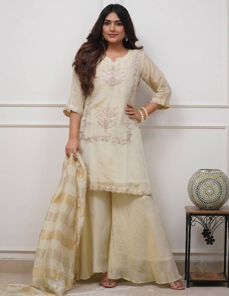 Cream chinon heavy thread embroidery with woven dupatta kurta palazzo set