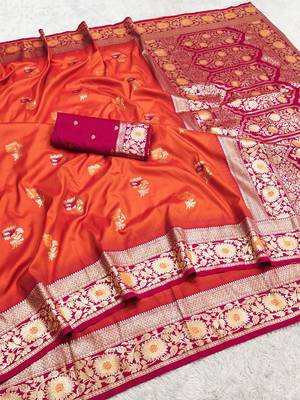 Orange soft banarasi silk saree with zari weaving meenakari design 5