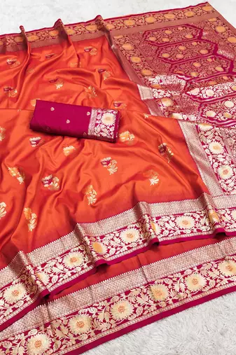Orange soft banarasi silk saree with zari weaving meenakari design