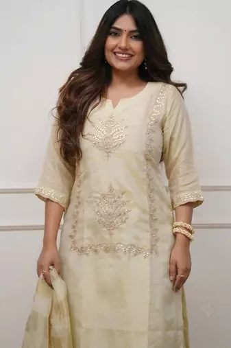Cream chinon heavy thread embroidery with woven dupatta kurta palazzo set
