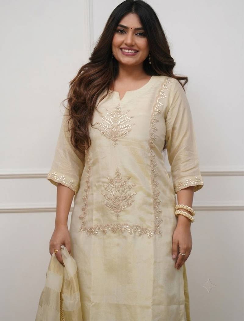 Cream chinon heavy thread embroidery with woven dupatta kurta palazzo set