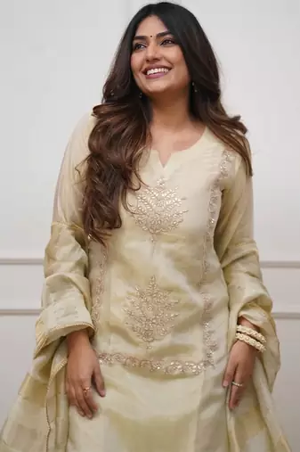 Cream chinon heavy thread embroidery with woven dupatta kurta palazzo set