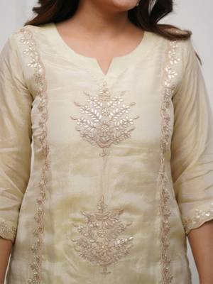 Cream chinon heavy thread embroidery with woven dupatta kurta palazzo set 5