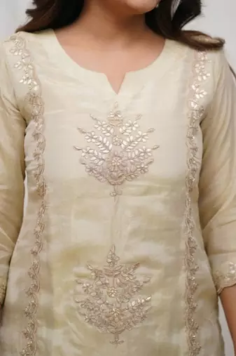 Cream chinon heavy thread embroidery with woven dupatta kurta palazzo set