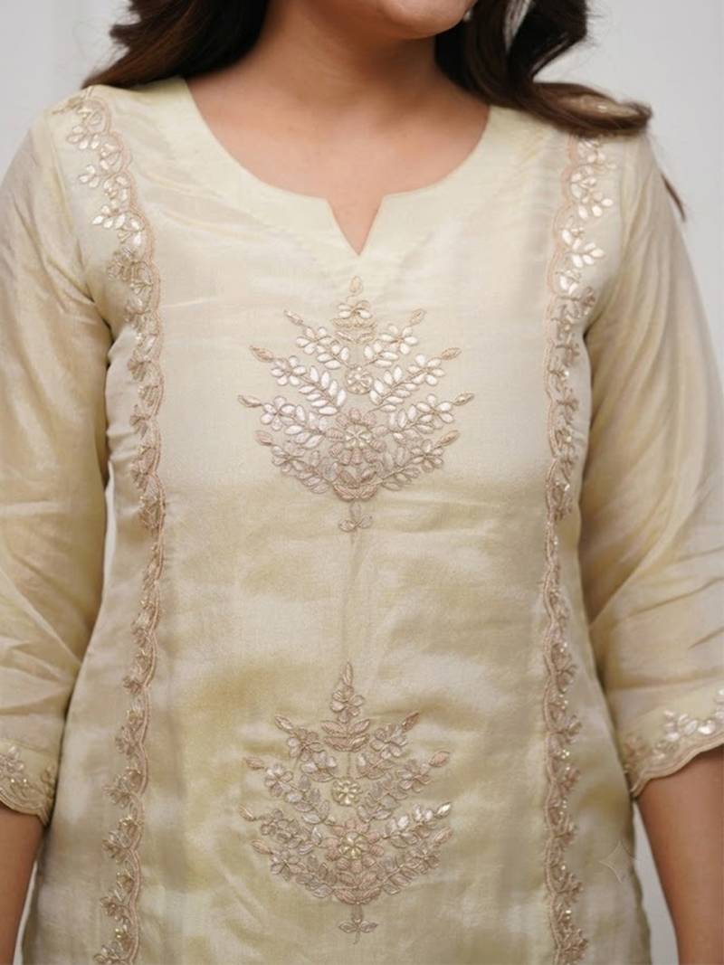 Cream chinon heavy thread embroidery with woven dupatta kurta palazzo set