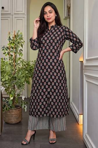Black pure cotton printed kurta with pant