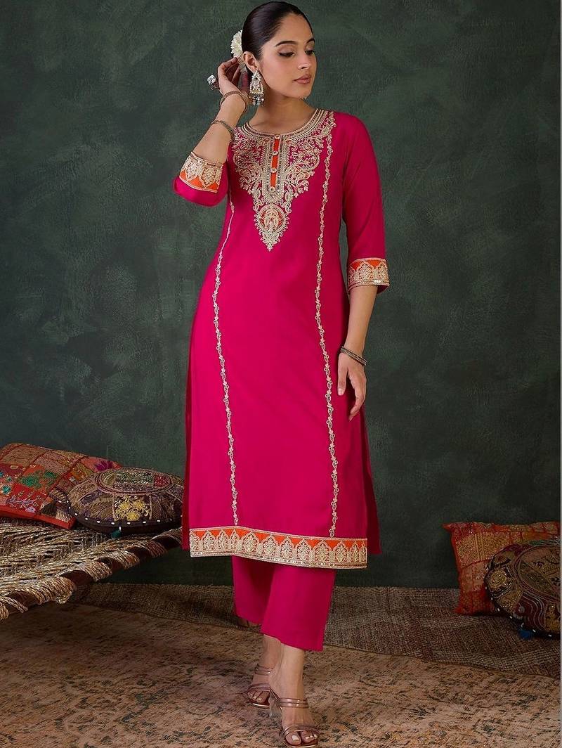 Women Ethnic Motifs Embroidered Thread Work Kurta with Trousers & With Dupatta