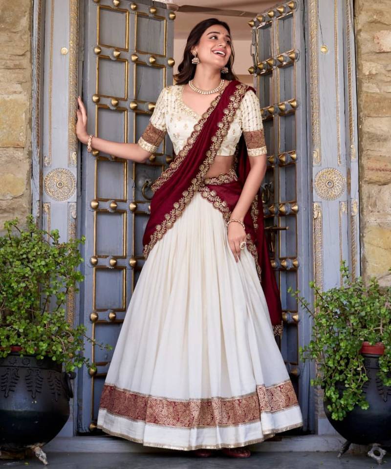 white silk blend embroidered traditional lehenga choli