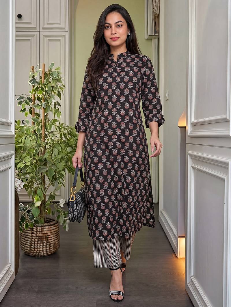 Black pure cotton printed kurta with pant