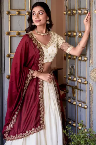 white silk blend embroidered traditional lehenga choli