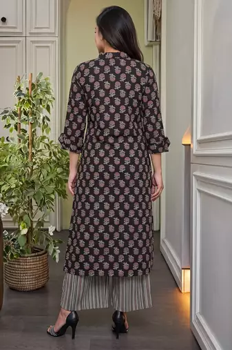 Black pure cotton printed kurta with pant