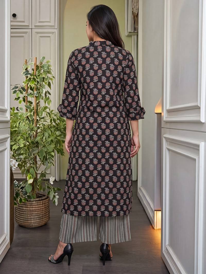 Black pure cotton printed kurta with pant