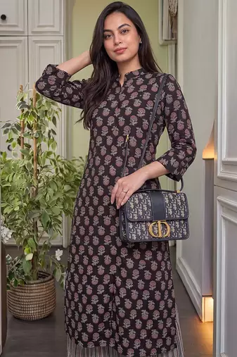 Black pure cotton printed kurta with pant