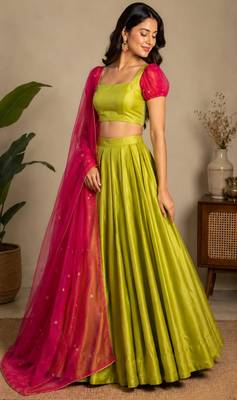 parrot green tissue plain traditional lehenga choli with free size upto 42 1