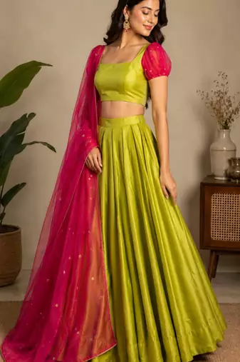 parrot green tissue plain traditional lehenga choli with free size upto 42