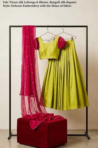 parrot green tissue plain traditional lehenga choli with free size upto 42