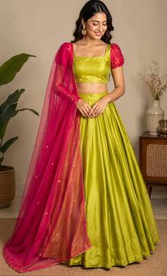 parrot green tissue plain traditional lehenga choli with free size upto 42 3