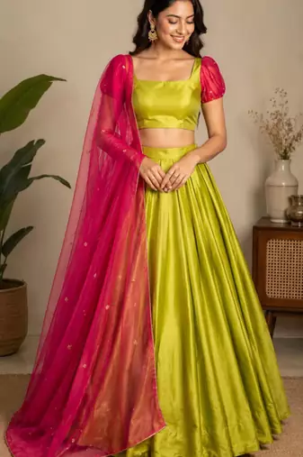parrot green tissue plain traditional lehenga choli with free size upto 42