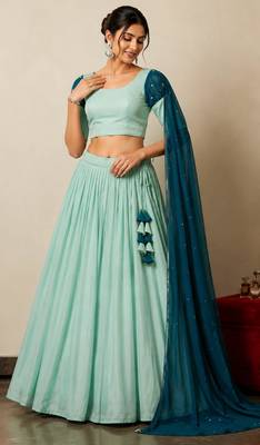 sky blue tissue plain traditional lehenga choli with free size upto 42 1