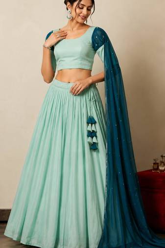 sky blue tissue plain traditional lehenga choli with free size upto 42