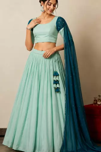 sky blue tissue plain traditional lehenga choli with free size upto 42