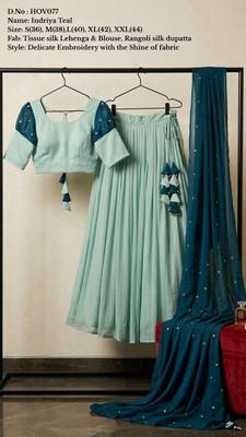 sky blue tissue plain traditional lehenga choli with free size upto 42 2